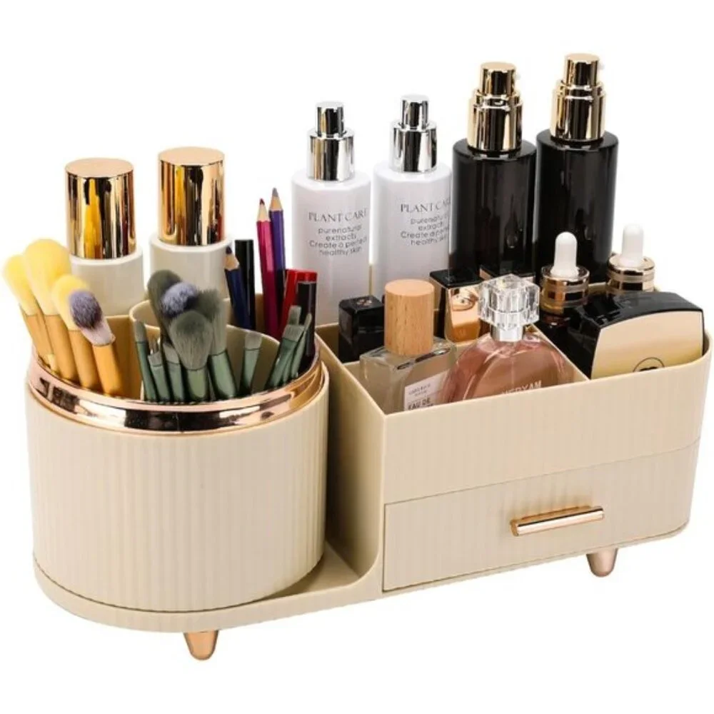 New 360° Rotating Makeup Organizer, Large Rice White Vanity Storage with Drawers